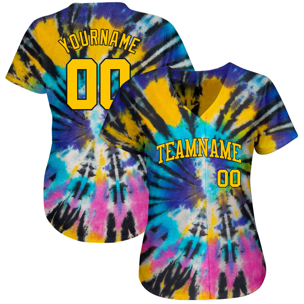 Custom Tie Dye Gold-Black 3D Authentic Baseball Jersey baseball jersey product view 2