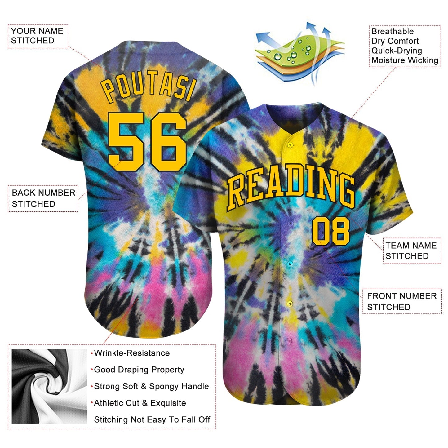Custom Tie Dye Gold-Black 3D Authentic Baseball Jersey baseball jersey product view 3