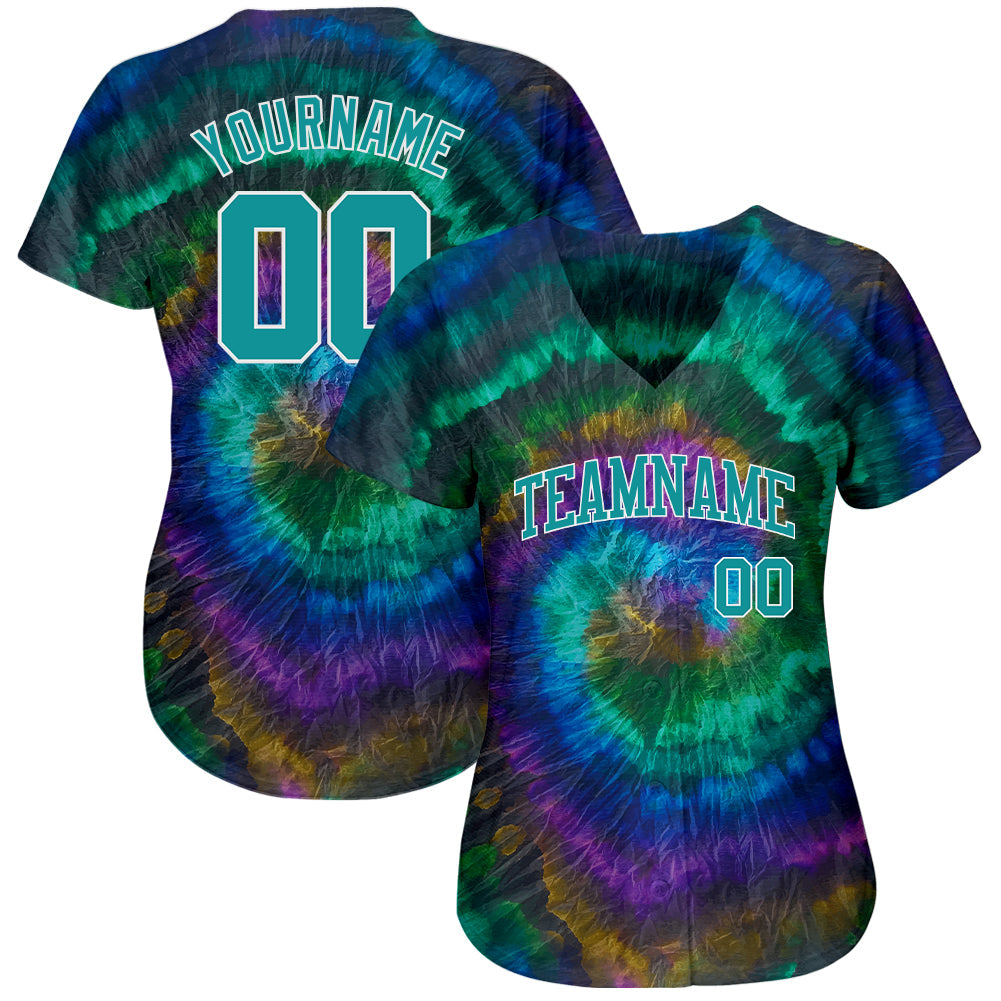 Custom Tie Dye Teal-White 3D Authentic Baseball Jersey baseball jersey product view 2