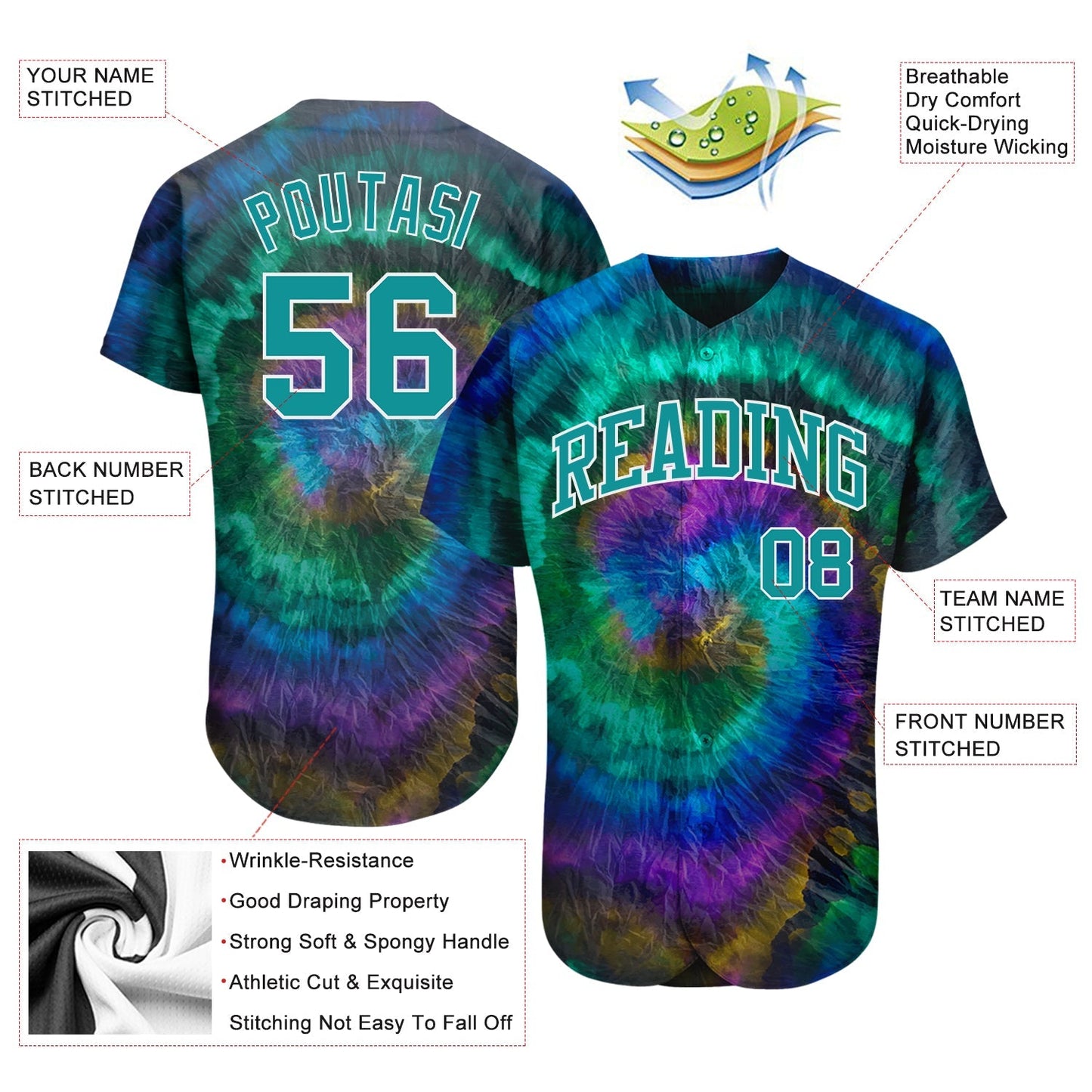 Custom Tie Dye Teal-White 3D Authentic Baseball Jersey baseball jersey product view 3