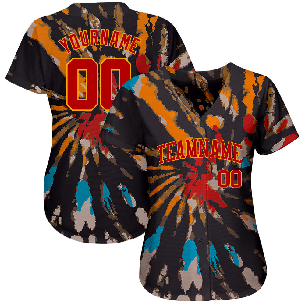 Custom Tie Dye Red-Gold 3D Authentic Baseball Jersey baseball jersey product view 2