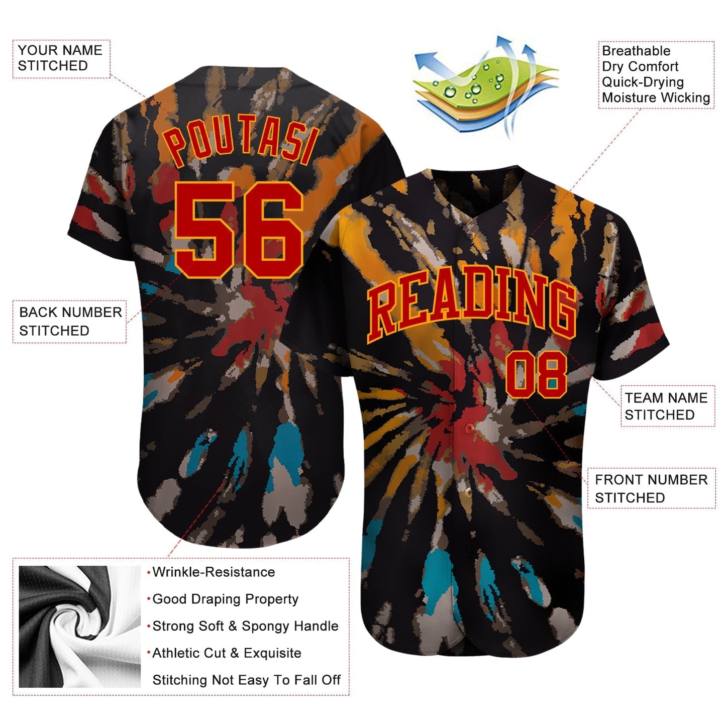 Custom Tie Dye Red-Gold 3D Authentic Baseball Jersey baseball jersey product view 3