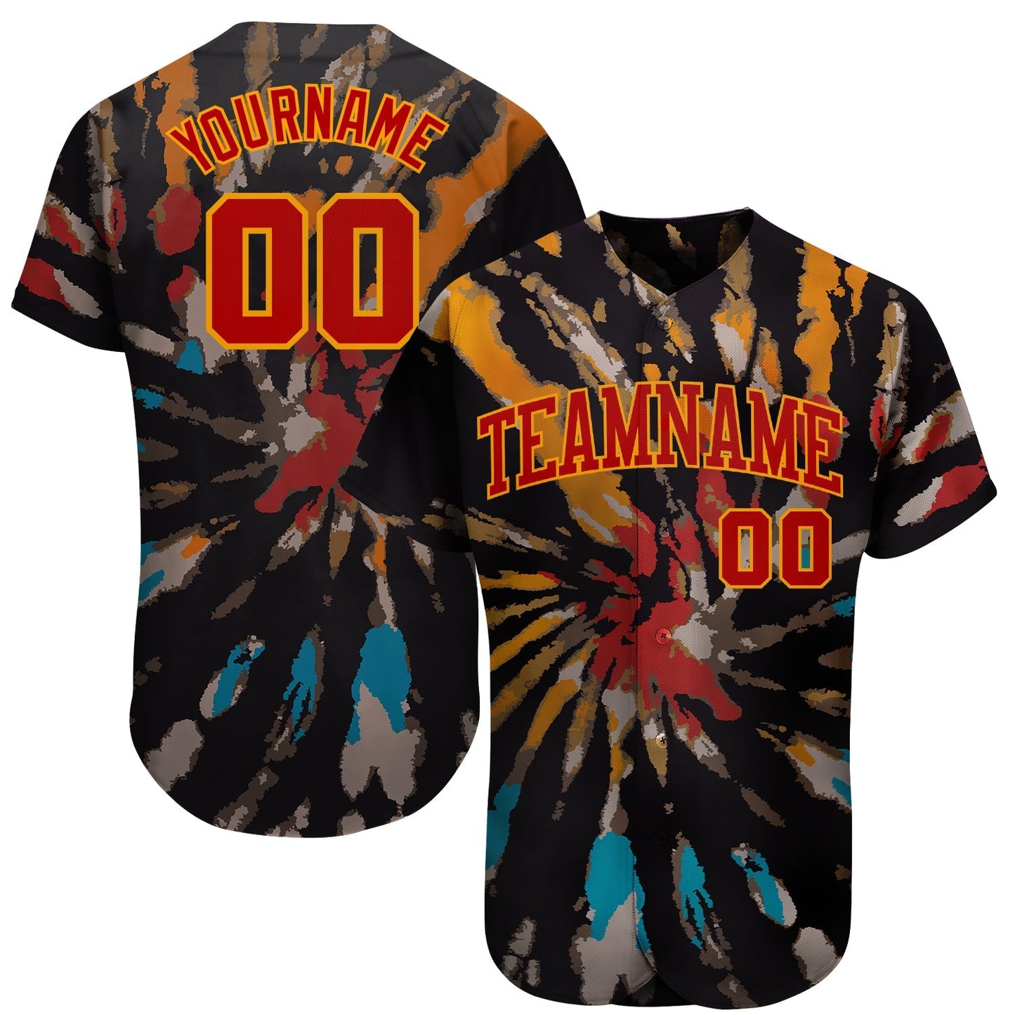 Custom Tie Dye Red-Gold 3D Authentic Baseball Jersey baseball jersey product view 1