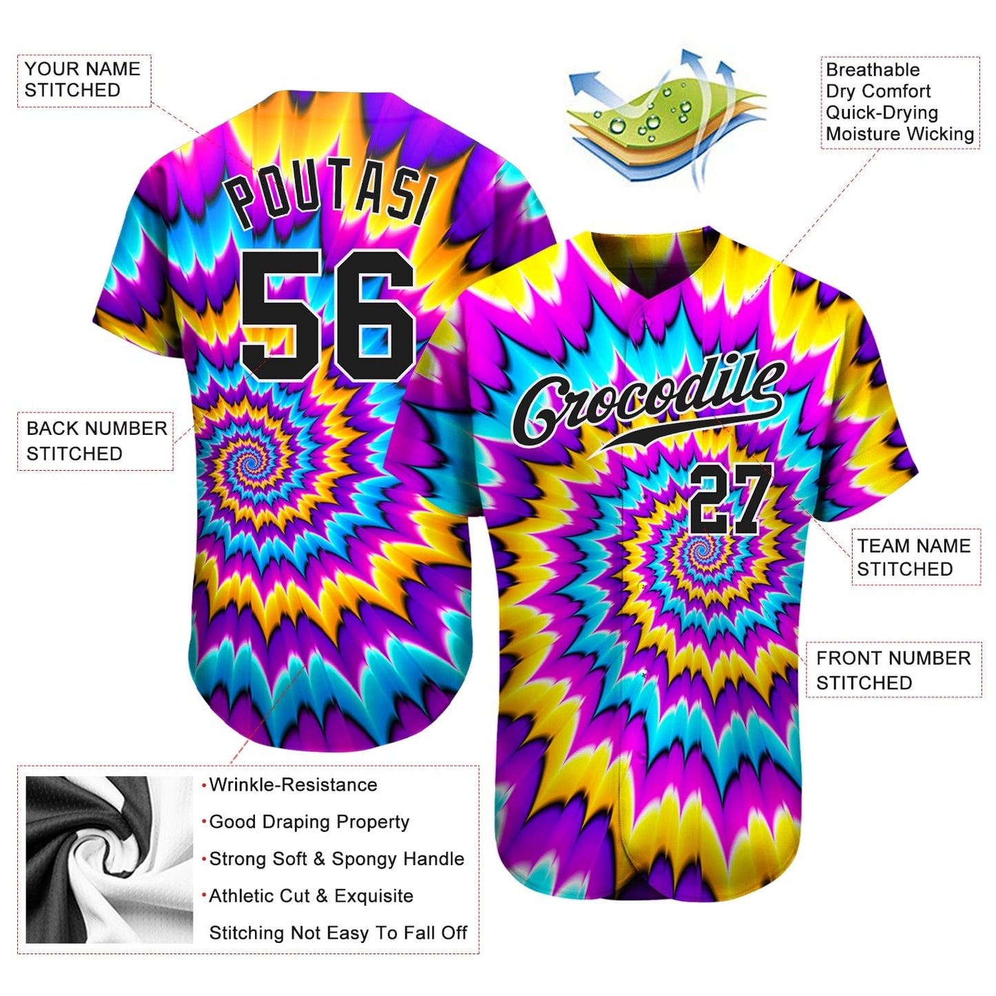 Custom Tie Dye Black-White 3D Authentic Baseball Jersey baseball jersey product view 3