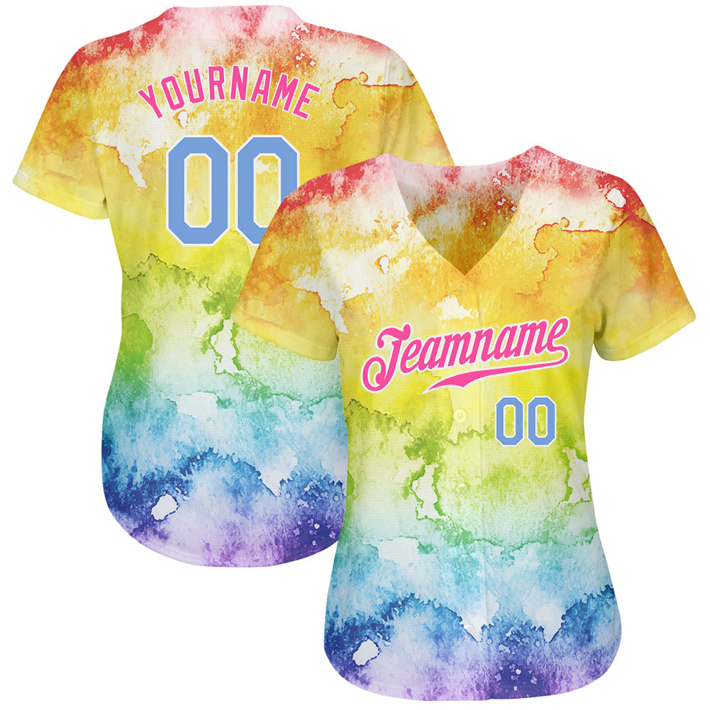 Custom Tie Dye Light Blue-Pink 3D Rainbow Authentic Baseball Jersey baseball jersey product view 2