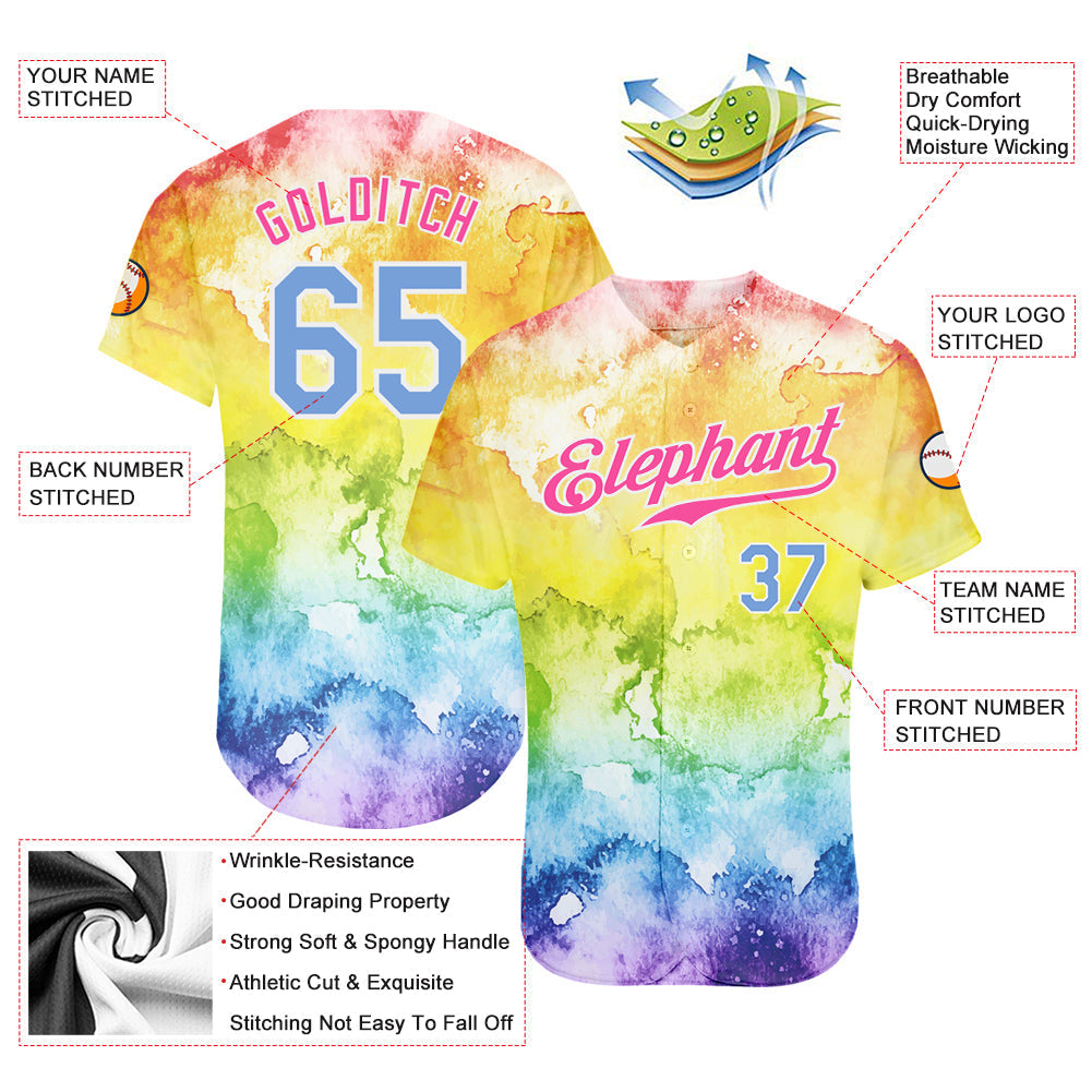 Custom Tie Dye Light Blue-Pink 3D Rainbow Authentic Baseball Jersey baseball jersey product view 3
