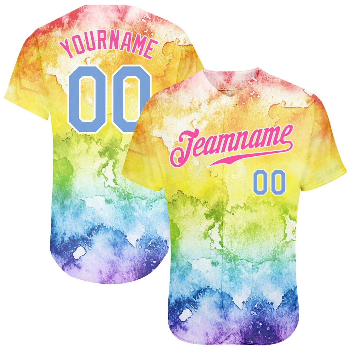 Custom Tie Dye Light Blue-Pink 3D Rainbow Authentic Baseball Jersey baseball jersey product view 1