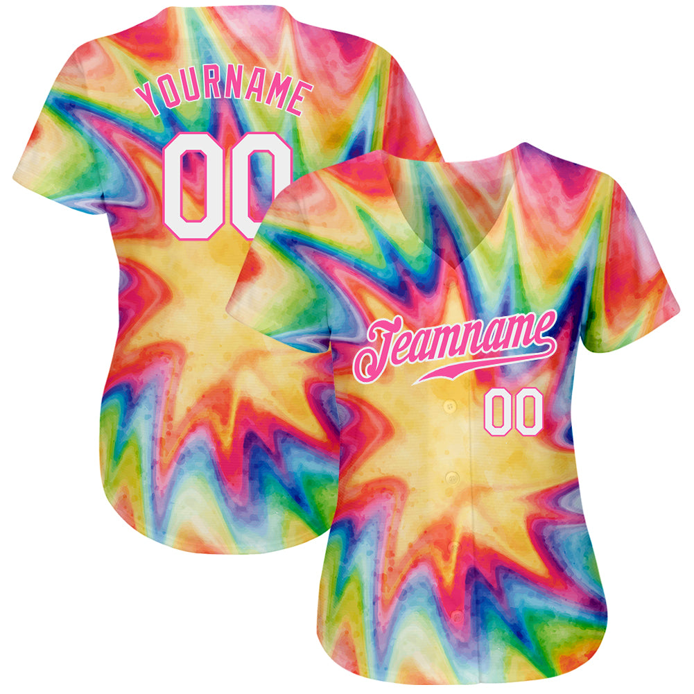 Custom Tie Dye White-Pink 3D Watercolor Rainbow Authentic Baseball Jersey baseball jersey product view 2