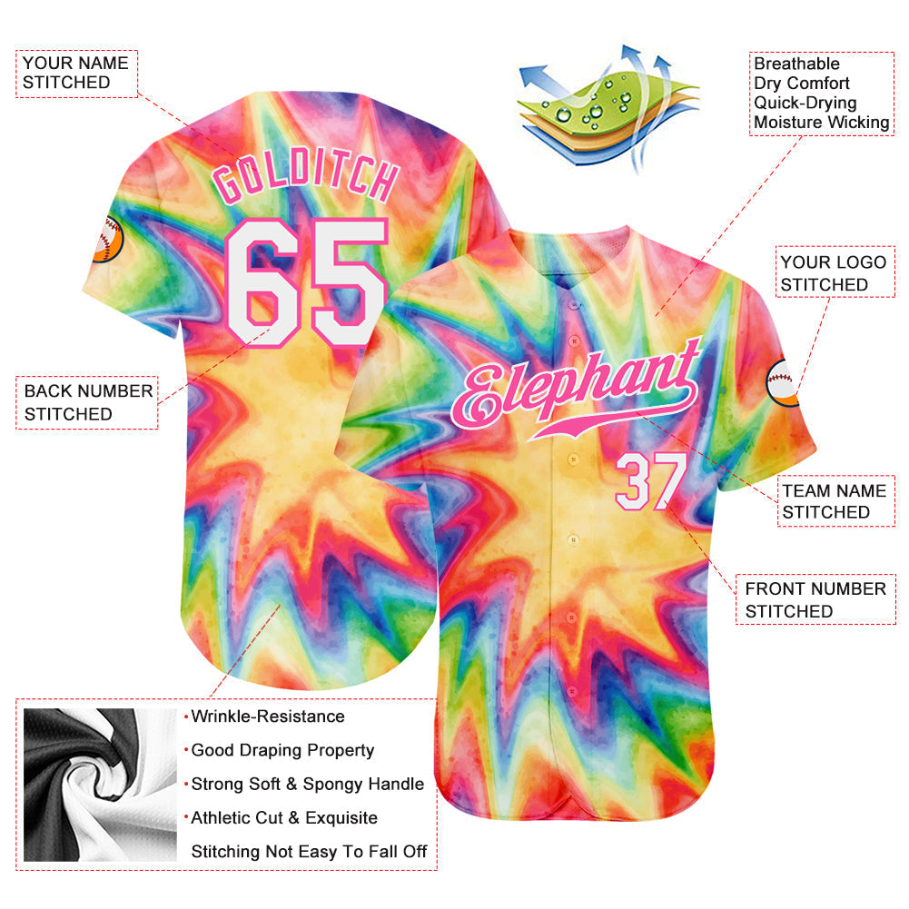 Custom Tie Dye White-Pink 3D Watercolor Rainbow Authentic Baseball Jersey baseball jersey product view 3