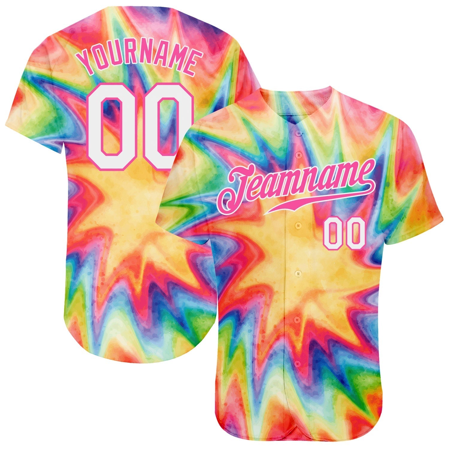 Custom Tie Dye White-Pink 3D Watercolor Rainbow Authentic Baseball Jersey baseball jersey product view 1