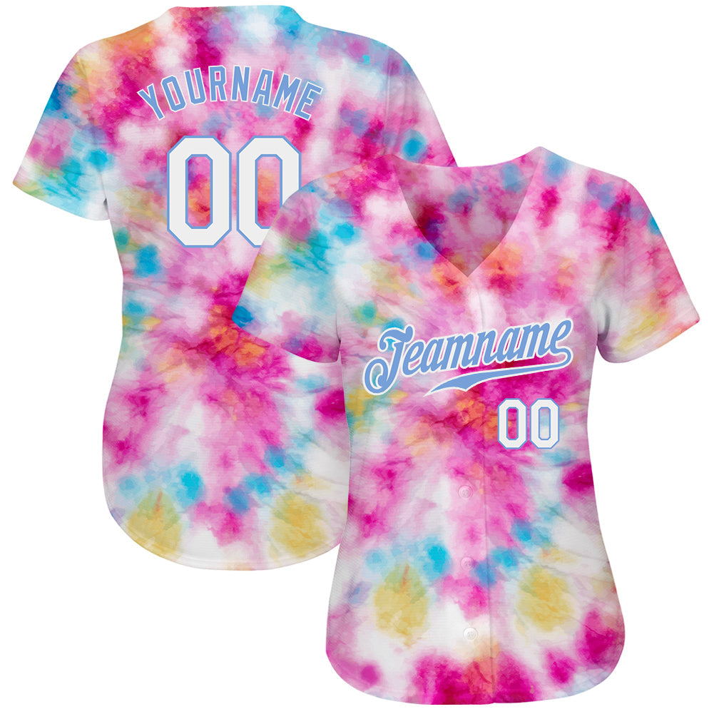 Custom Tie Dye White-Light Blue 3D Colorful Watercolor Authentic Baseball Jersey baseball jersey product view 2