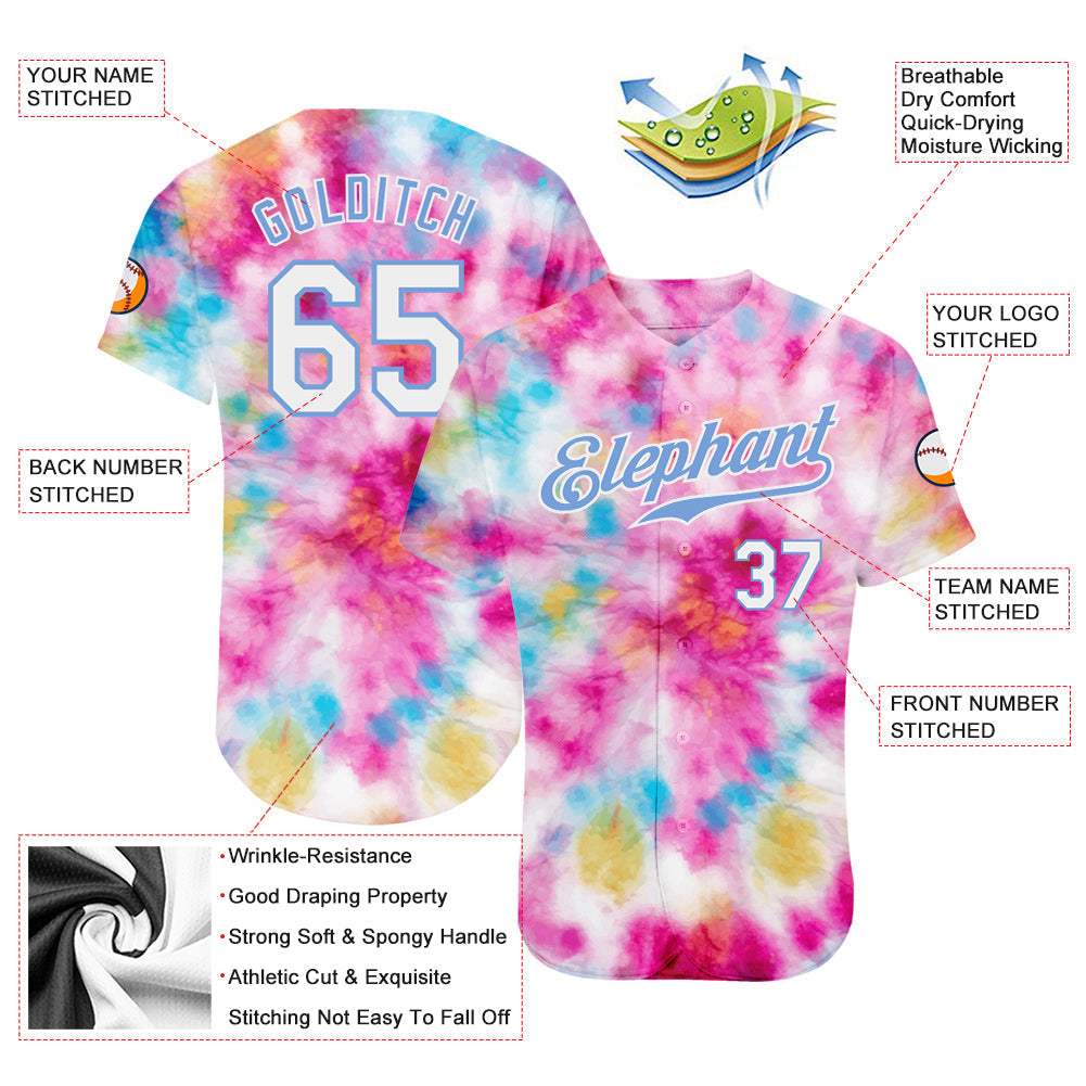 Custom Tie Dye White-Light Blue 3D Colorful Watercolor Authentic Baseball Jersey baseball jersey product view 3