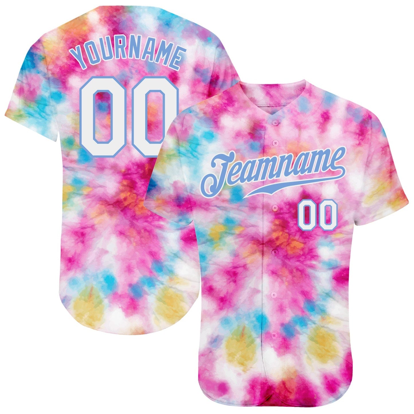 Custom Tie Dye White-Light Blue 3D Colorful Watercolor Authentic Baseball Jersey baseball jersey product view 1