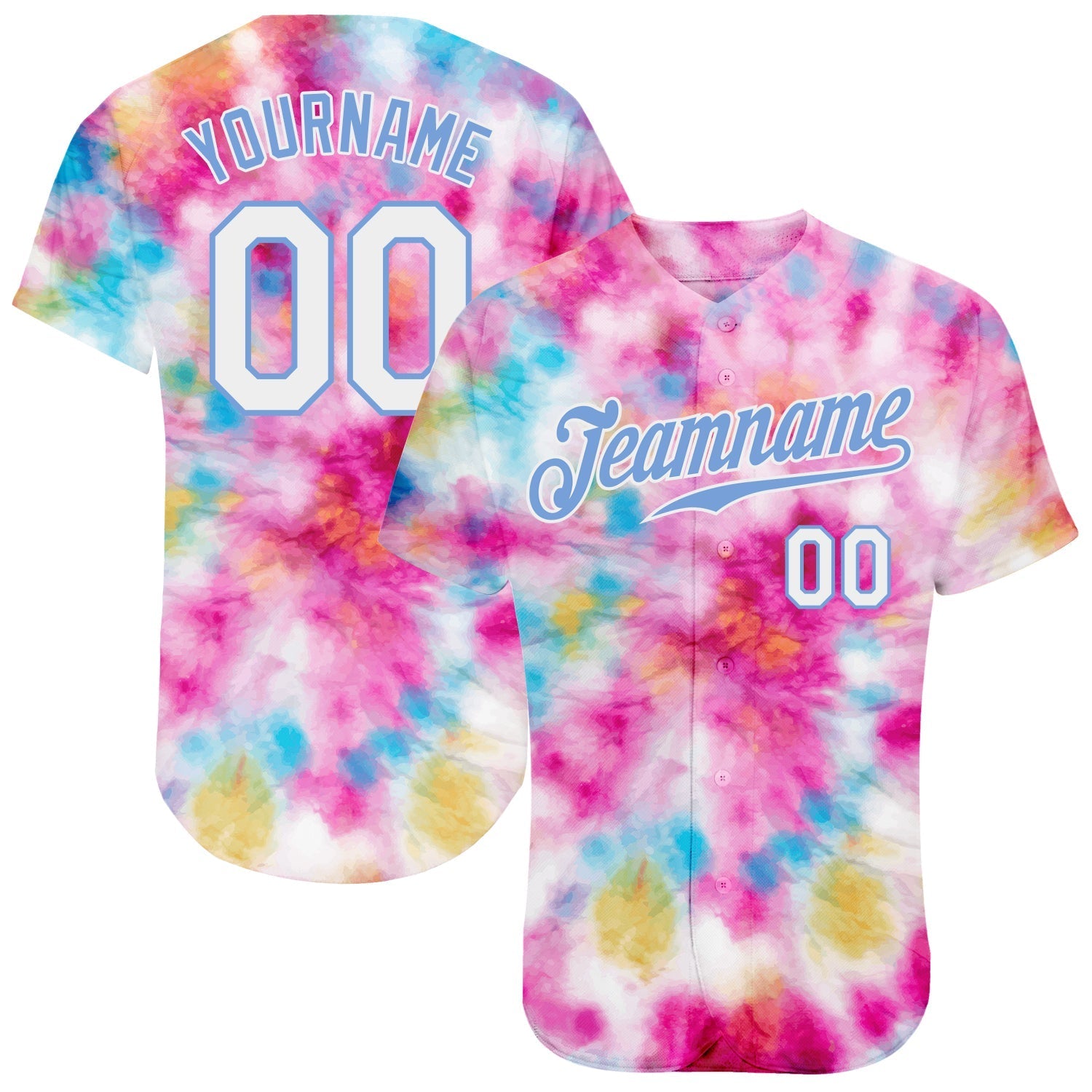 Custom Tie Dye White-Light Blue 3D Colorful Watercolor Authentic Baseball Jersey baseball jersey product view 1