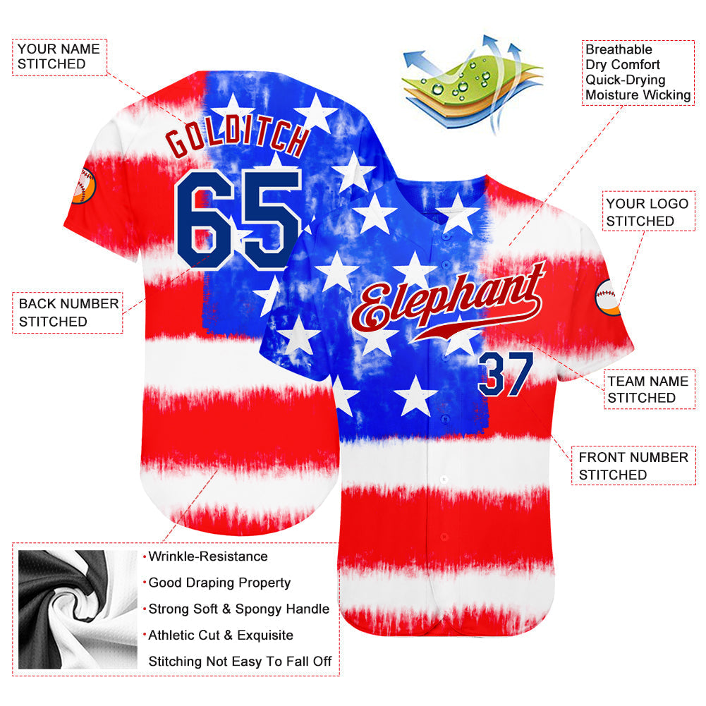 Custom Tie Dye Royal-Red 3D American Flag Authentic Baseball Jersey baseball jersey product view 3
