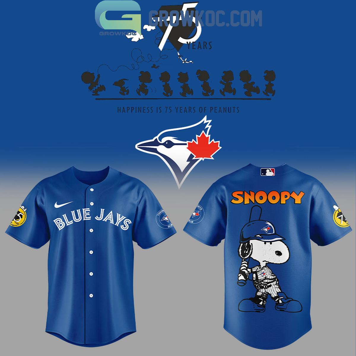 Toronto Blue Jays Happiness Is 75 Years Of Peanuts Baseball Jersey baseball jersey product view 1