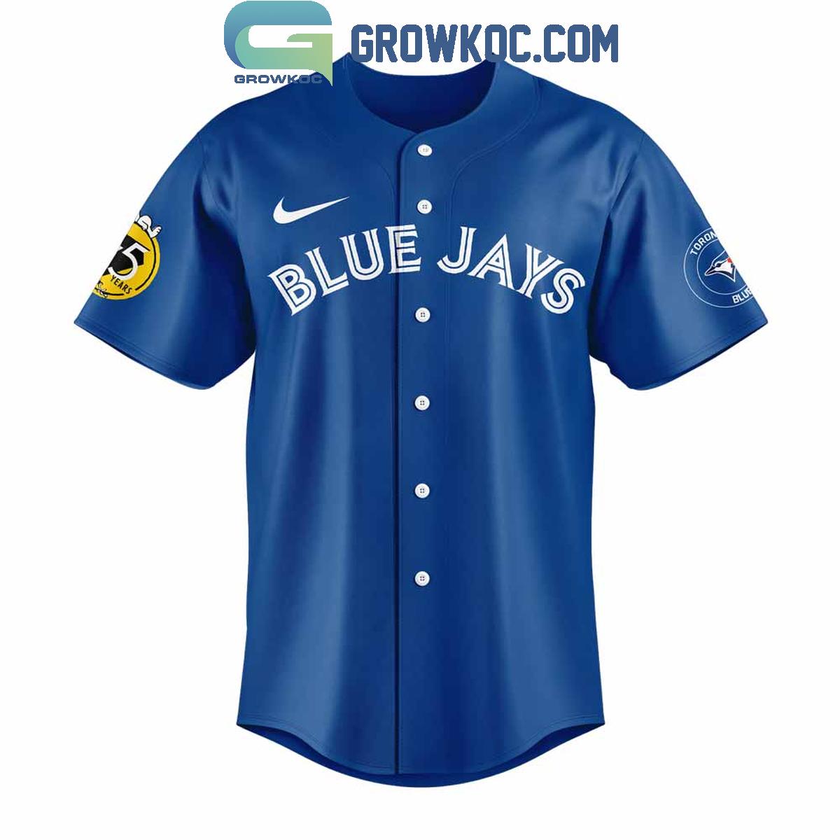 Toronto Blue Jays Happiness Is 75 Years Of Peanuts Baseball Jersey baseball jersey product view 2