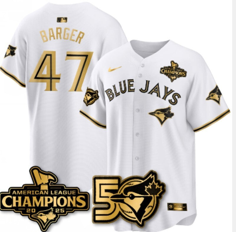 Toronto Blue Jays #47 Addison Barger Blue Jays Gold Text Baseball Jersey baseball jersey product view 1