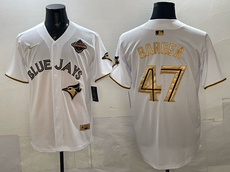Toronto Blue Jays #47 Addison Barger Blue Jays Retro 5 Gold Text Style 1 Baseball Jersey baseball jersey product view 1