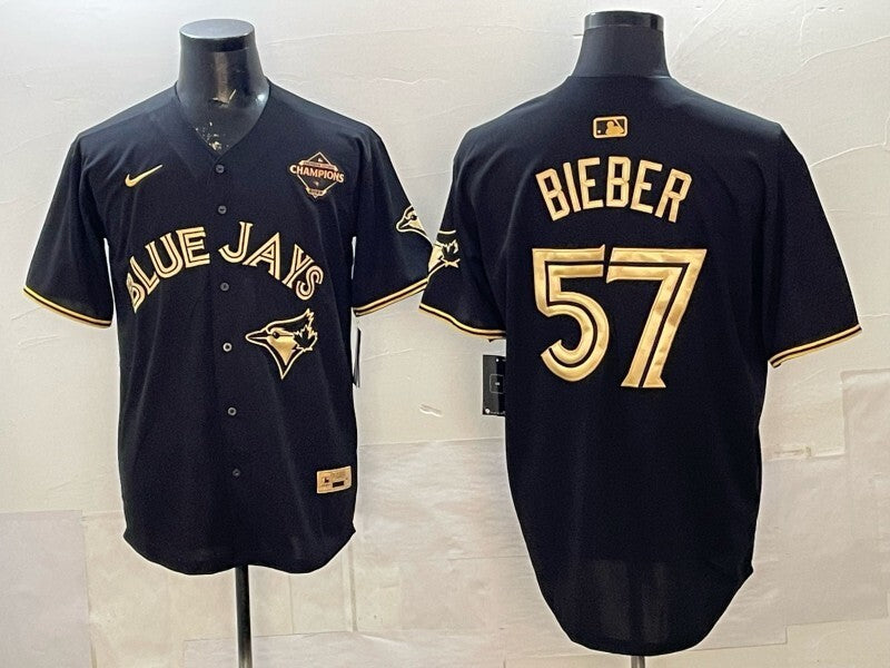 Toronto Blue Jays #57 Shane Bieber Blue Jays Retro 5 Gold Text Baseball Jersey baseball jersey product view 1