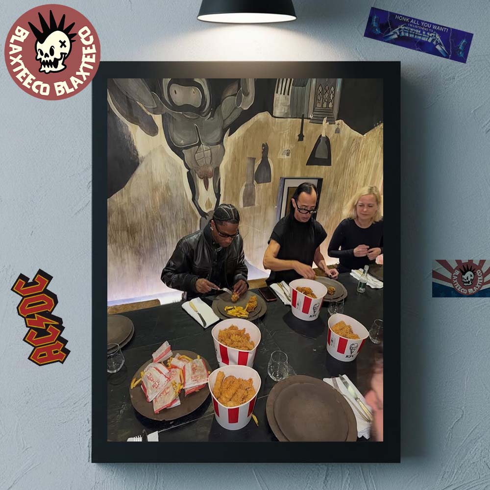 Travis Scott And Rick Owens Eating KFC Together Photo Decor Poster Canvas Unisex T-shirt, Sweatshirt, Hoodie, Long Sleeve Tee - T-Shirt, Sweatshirt, Hoodie
