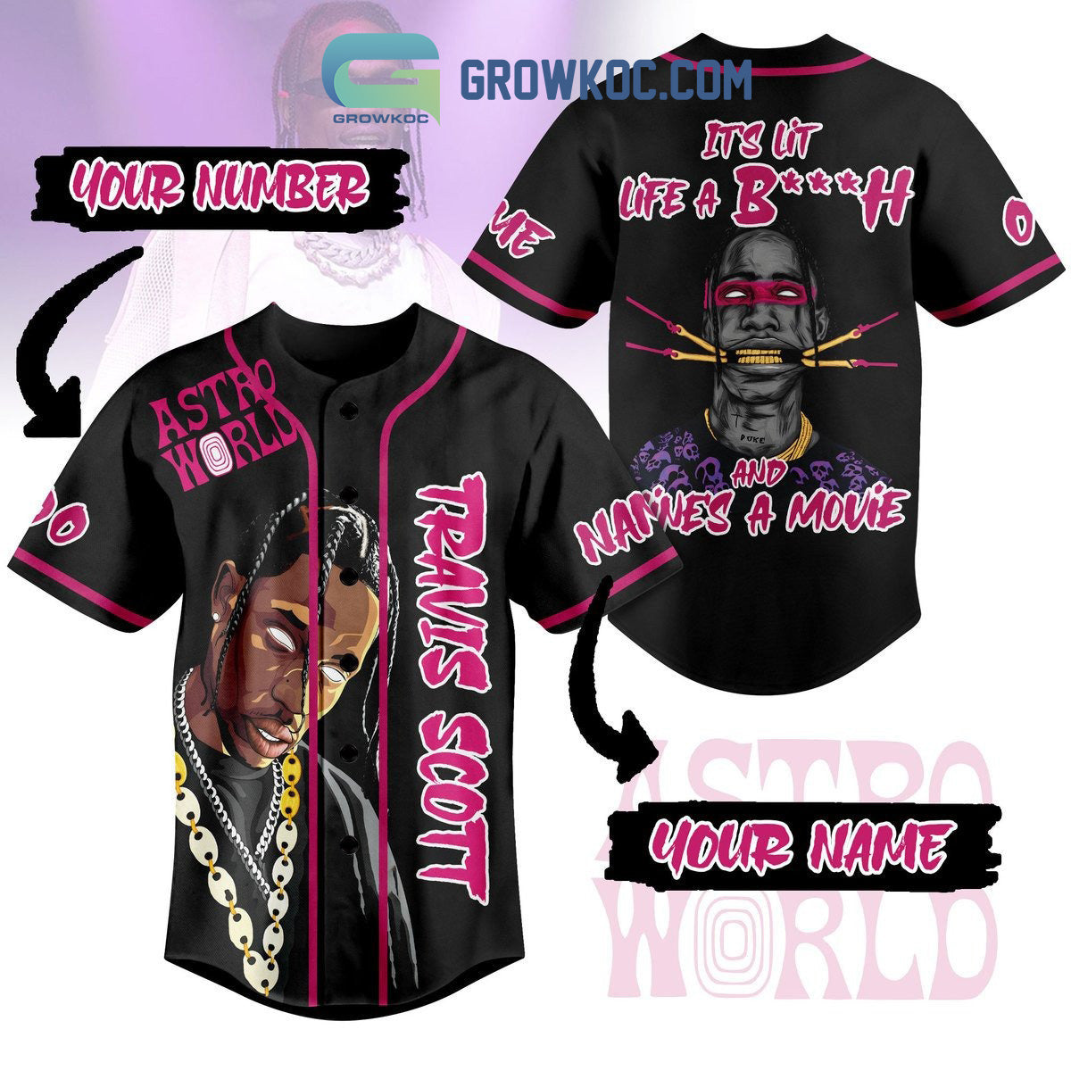 Travis Scott Astro World Its Lit Life A Btch And Mine_s A Movies Custom Baseball Jersey baseball jersey product view 1