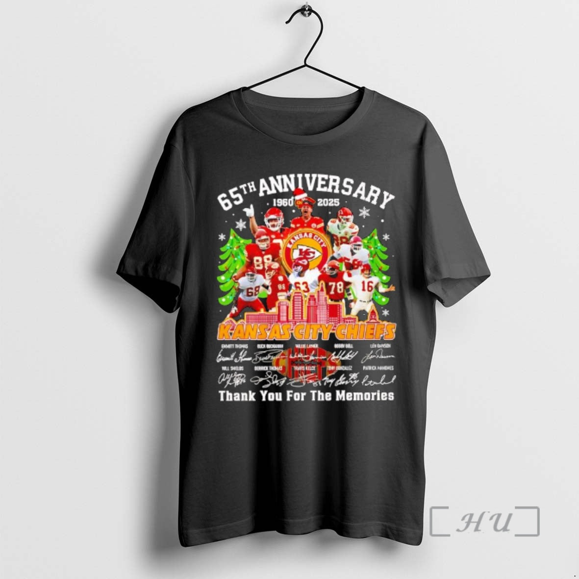 Trending Kansas City Chiefs 65th Anniversary 1960 To 2025 Signatures Christmas Trees And Snowflakes Premium - T-Shirt, Sweatshirt, Hoodie