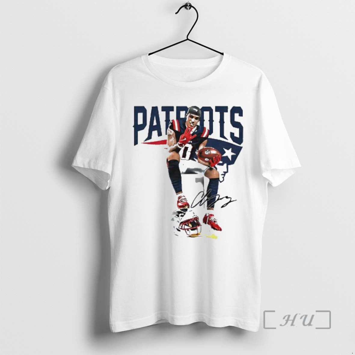 Trending Patriots Christian Gonzalez Sitting On Helmet Holding Football Four Finger Pose Graphic Premium - T-Shirt, Sweatshirt, Hoodie