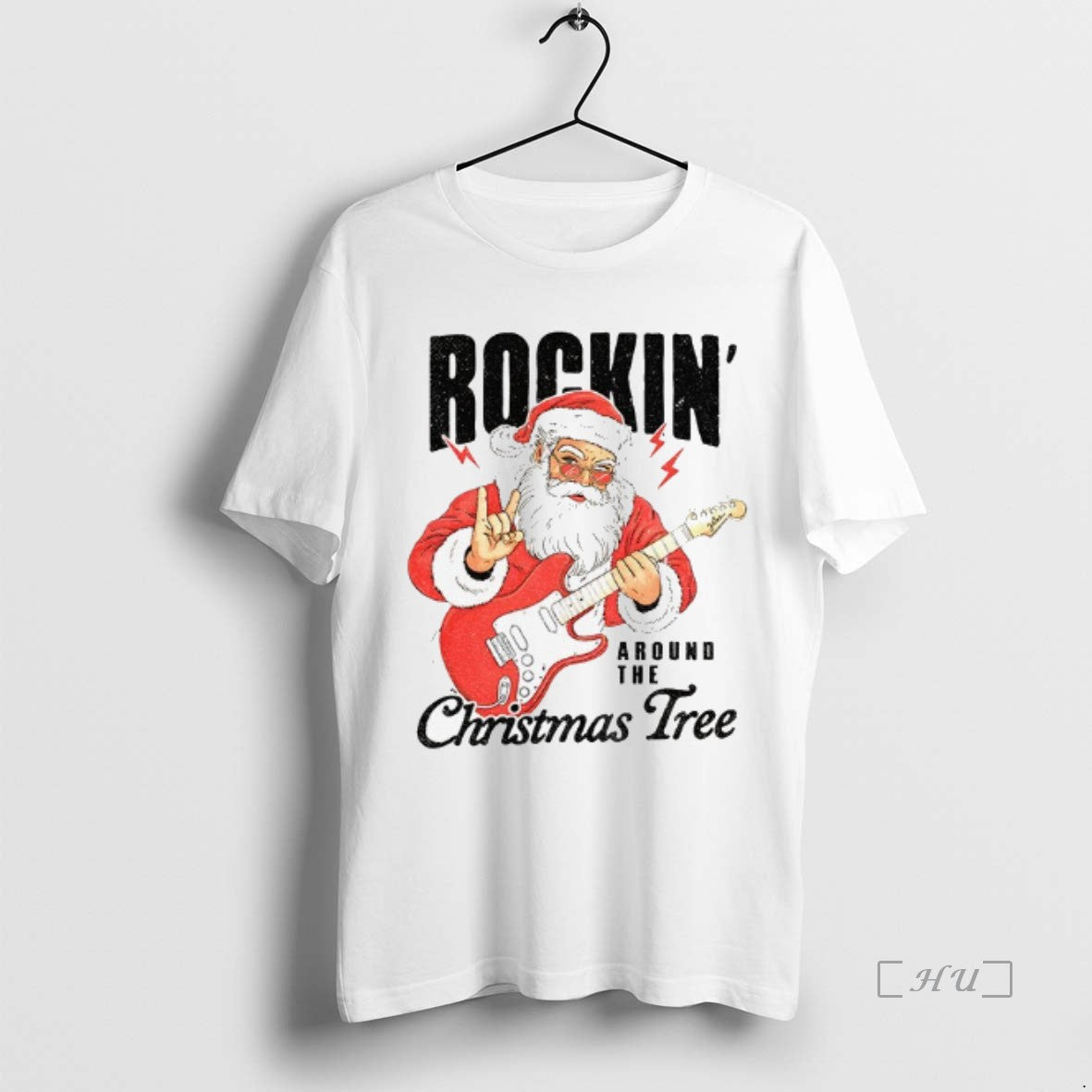 Trending Santa Claus Play Guitar Rockin Around The Christmas Tree Merry Christmas Premium T Shirts - T-Shirt, Sweatshirt, Hoodie