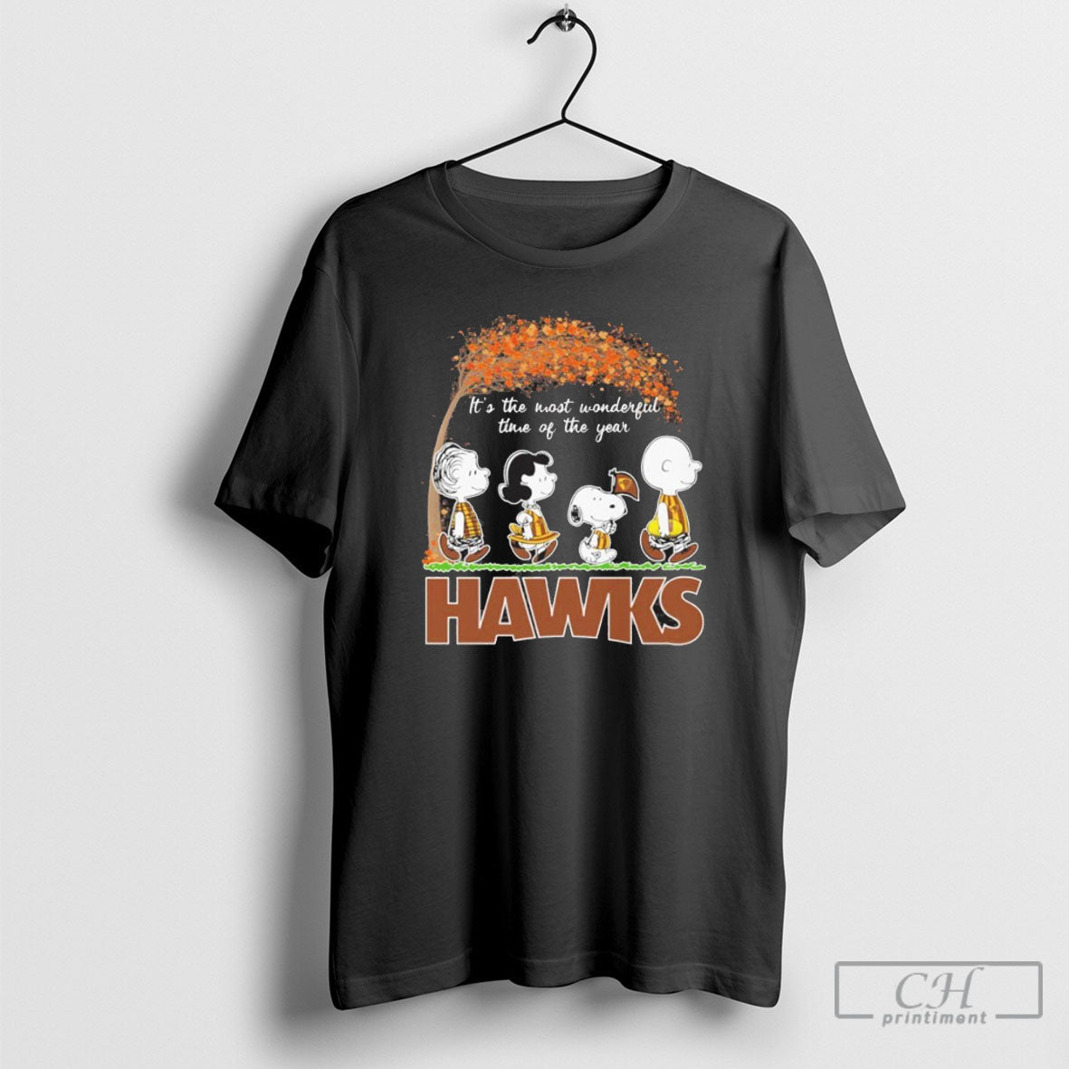 Trending The Peanuts Walking X Hawthorn Hawks Its The Most Wonderful Time Of The Year Unisex T-shirt, Sweatshirt, Hoodie, Long Sleeve Tee - T-Shirt, Sweatshirt, Hoodie