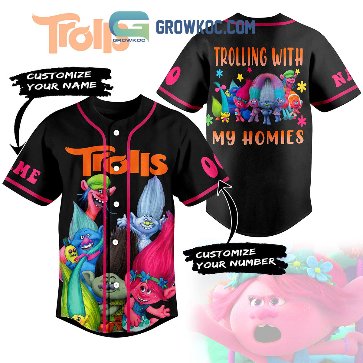 Trolls Trolling With My Homies Christmas Winter Holiday Custom Name Number Personalized Baseball Jersey baseball jersey product view 1
