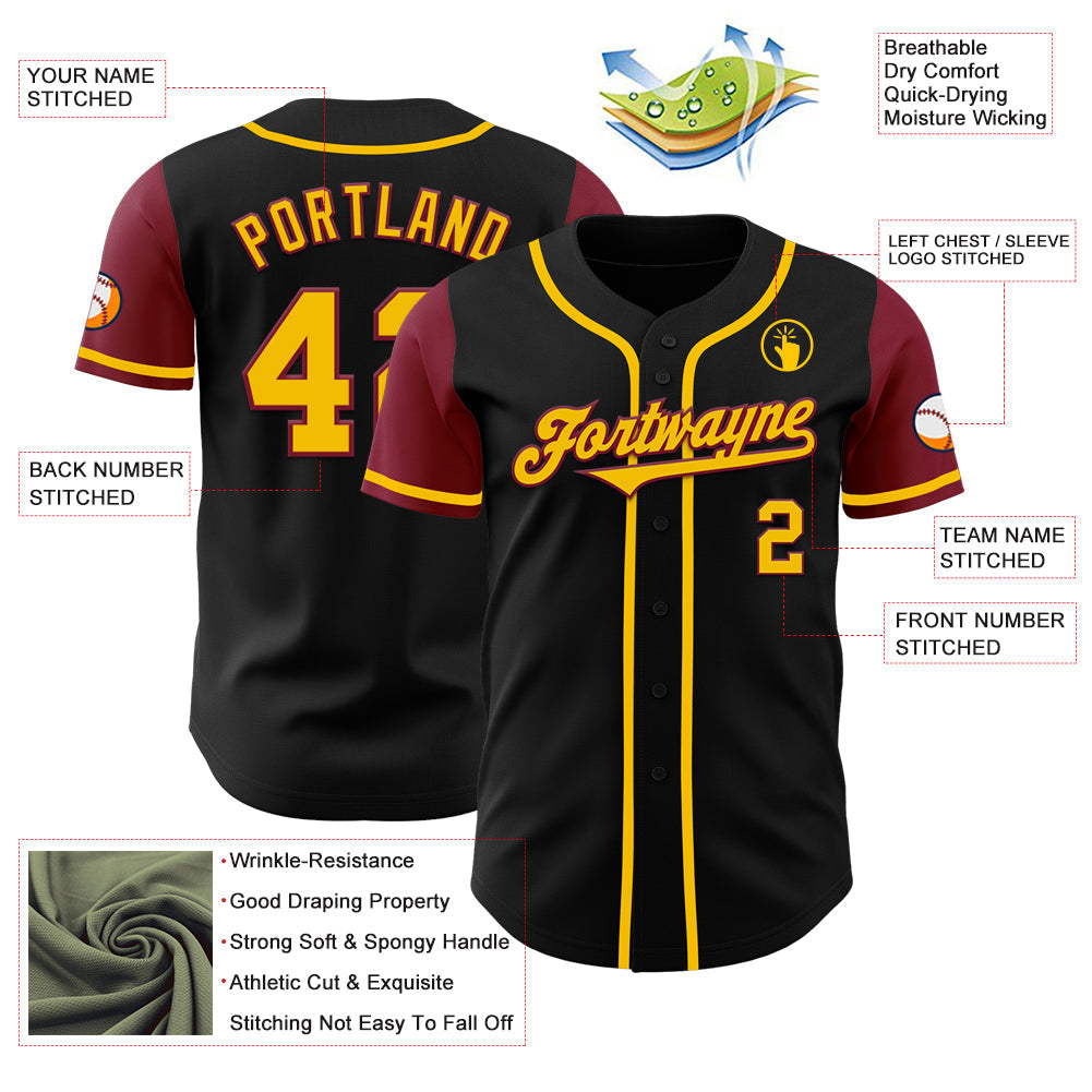 Custom Black Gold-Crimson Authentic Two Tone Baseball Jersey baseball jersey product view 3