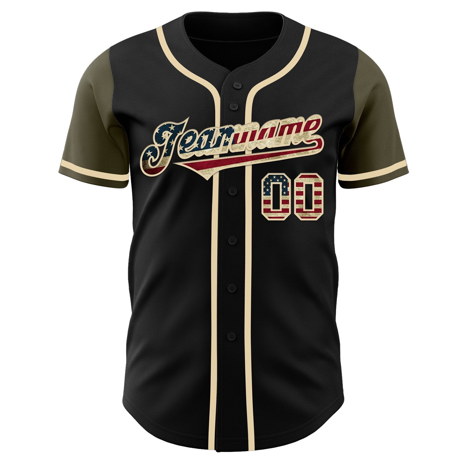Custom Black Vintage USA Flag-Olive Authentic Two Tone Baseball Jersey baseball jersey product view 2
