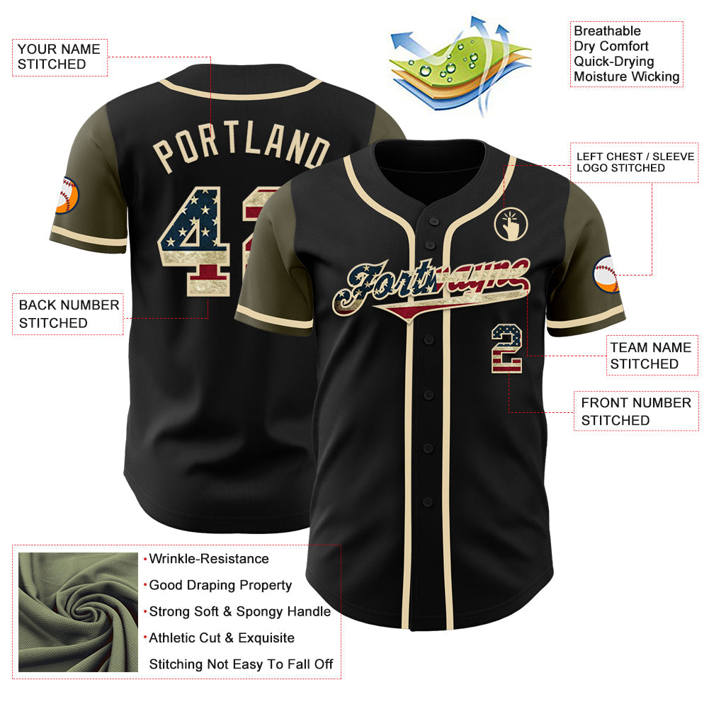 Custom Black Vintage USA Flag-Olive Authentic Two Tone Baseball Jersey baseball jersey product view 3