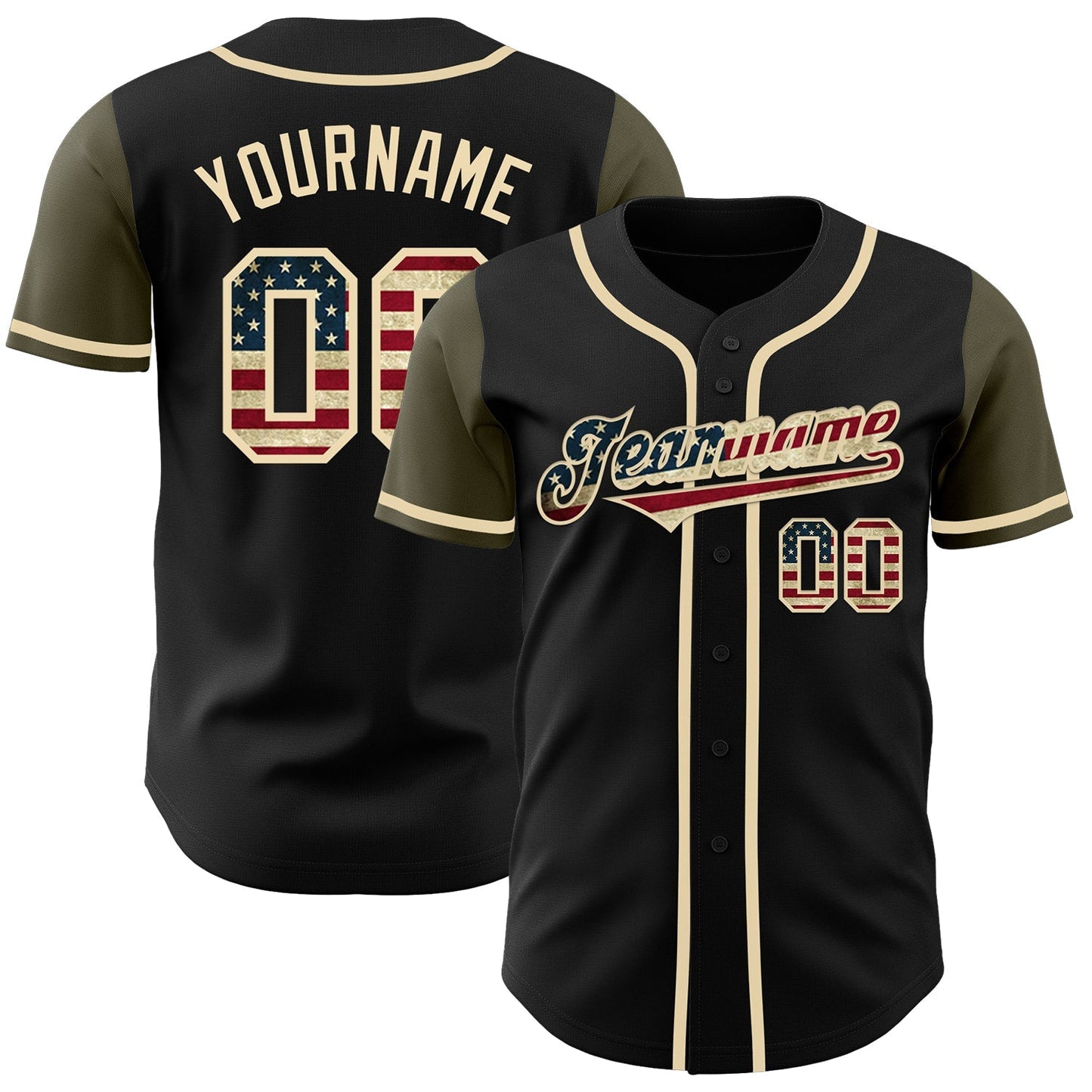 Custom Black Vintage USA Flag-Olive Authentic Two Tone Baseball Jersey baseball jersey product view 1