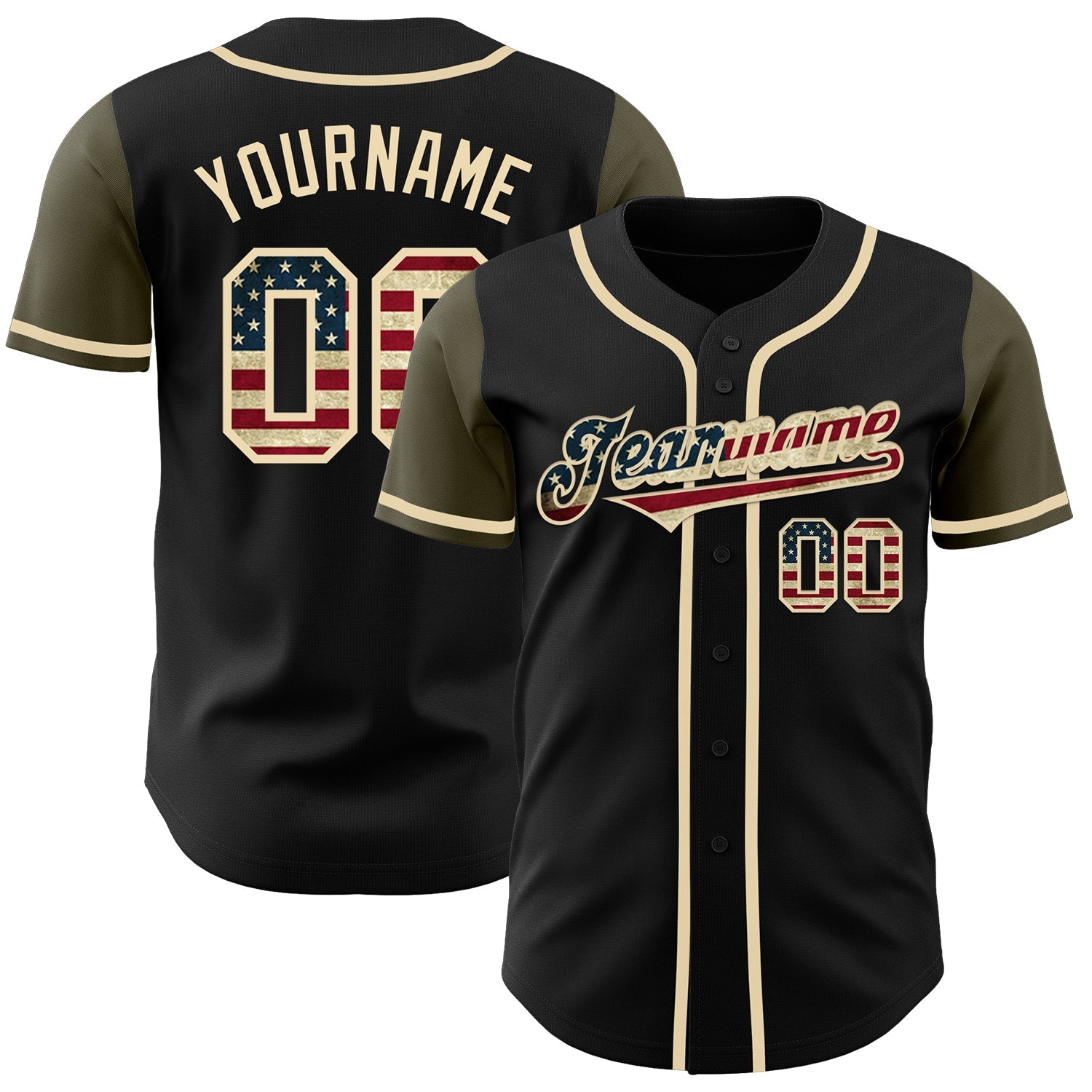 Custom Black Vintage USA Flag-Olive Authentic Two Tone Baseball Jersey baseball jersey product view 1