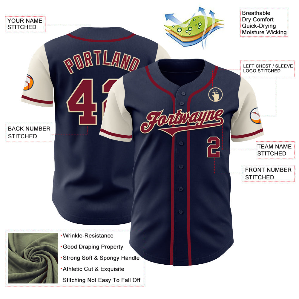 Custom Navy Crimson-Cream Authentic Two Tone Baseball Jersey baseball jersey product view 3