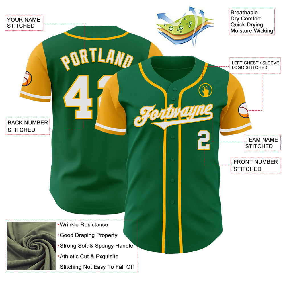 Custom Kelly Green White-Gold Authentic Two Tone Baseball Jersey baseball jersey product view 3