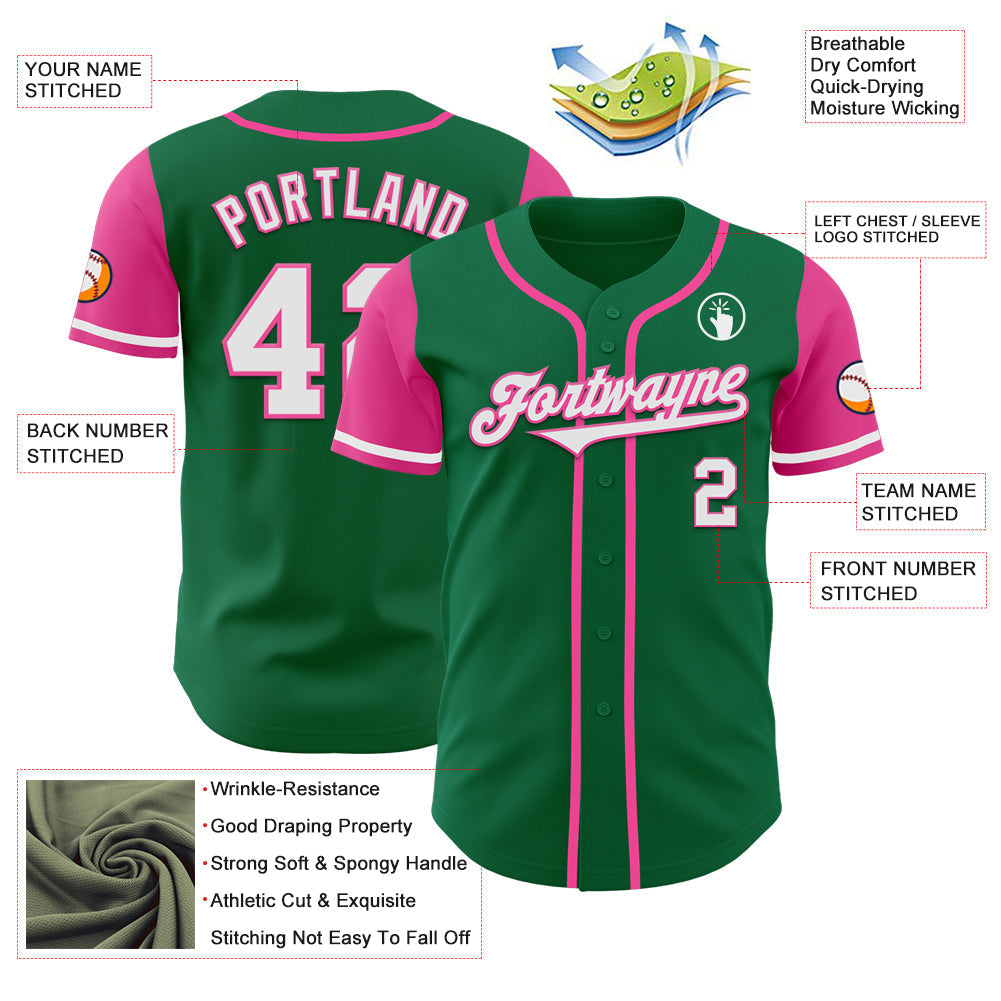 Custom Kelly Green White-Pink Authentic Two Tone Baseball Jersey baseball jersey product view 3
