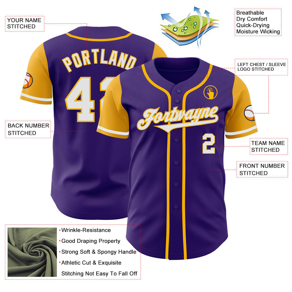 Custom Purple White-Gold Authentic Two Tone Baseball Jersey baseball jersey product view 3