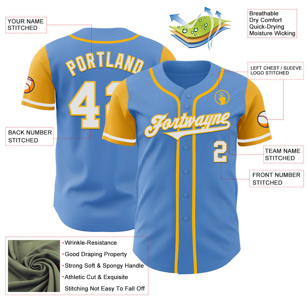 Custom Powder Blue White-Gold Authentic Two Tone Baseball Jersey baseball jersey product view 3