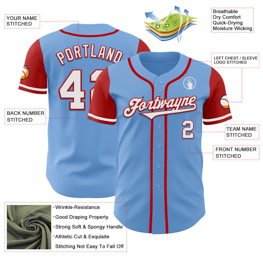 Custom Light Blue White-Red Authentic Two Tone Baseball Jersey baseball jersey product view 3