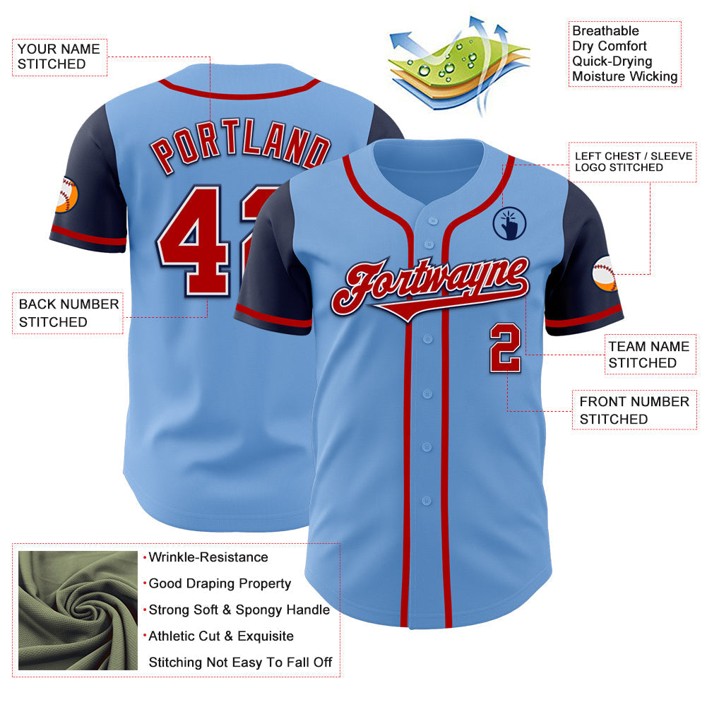 Custom Light Blue Red-Navy Authentic Two Tone Baseball Jersey baseball jersey product view 3