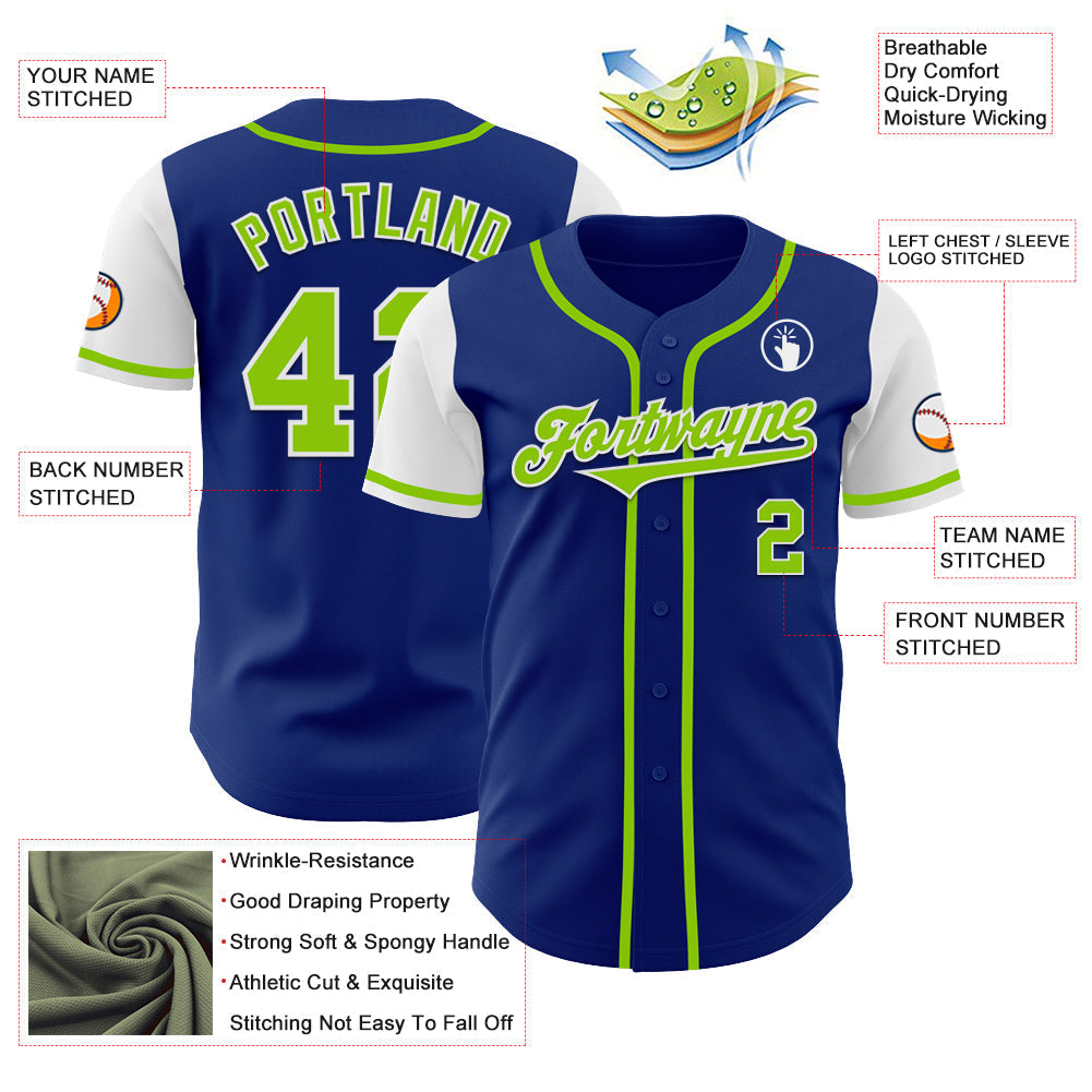 Custom Royal Neon Green-White Authentic Two Tone Baseball Jersey baseball jersey product view 3