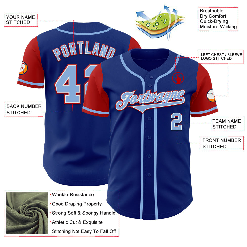 Custom Royal Light Blue-Red Authentic Two Tone Baseball Jersey baseball jersey product view 3