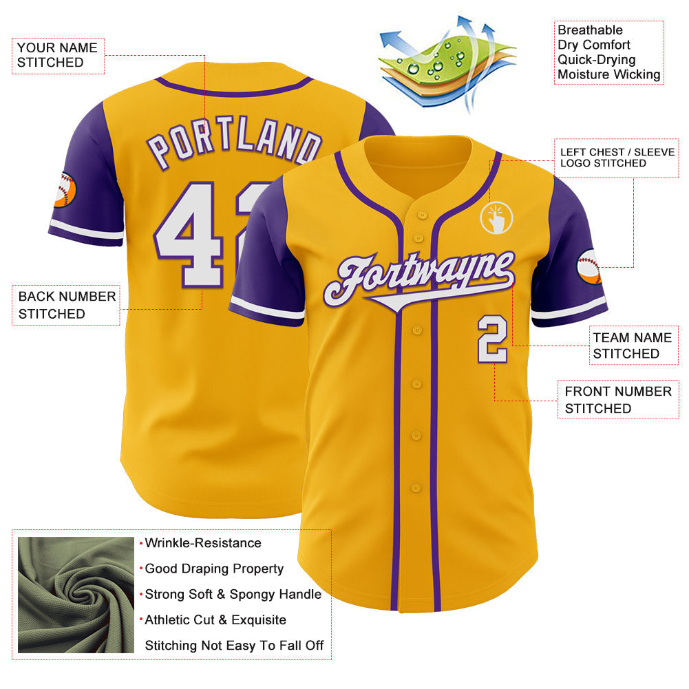 Custom Gold White-Purple Authentic Two Tone Baseball Jersey baseball jersey product view 3