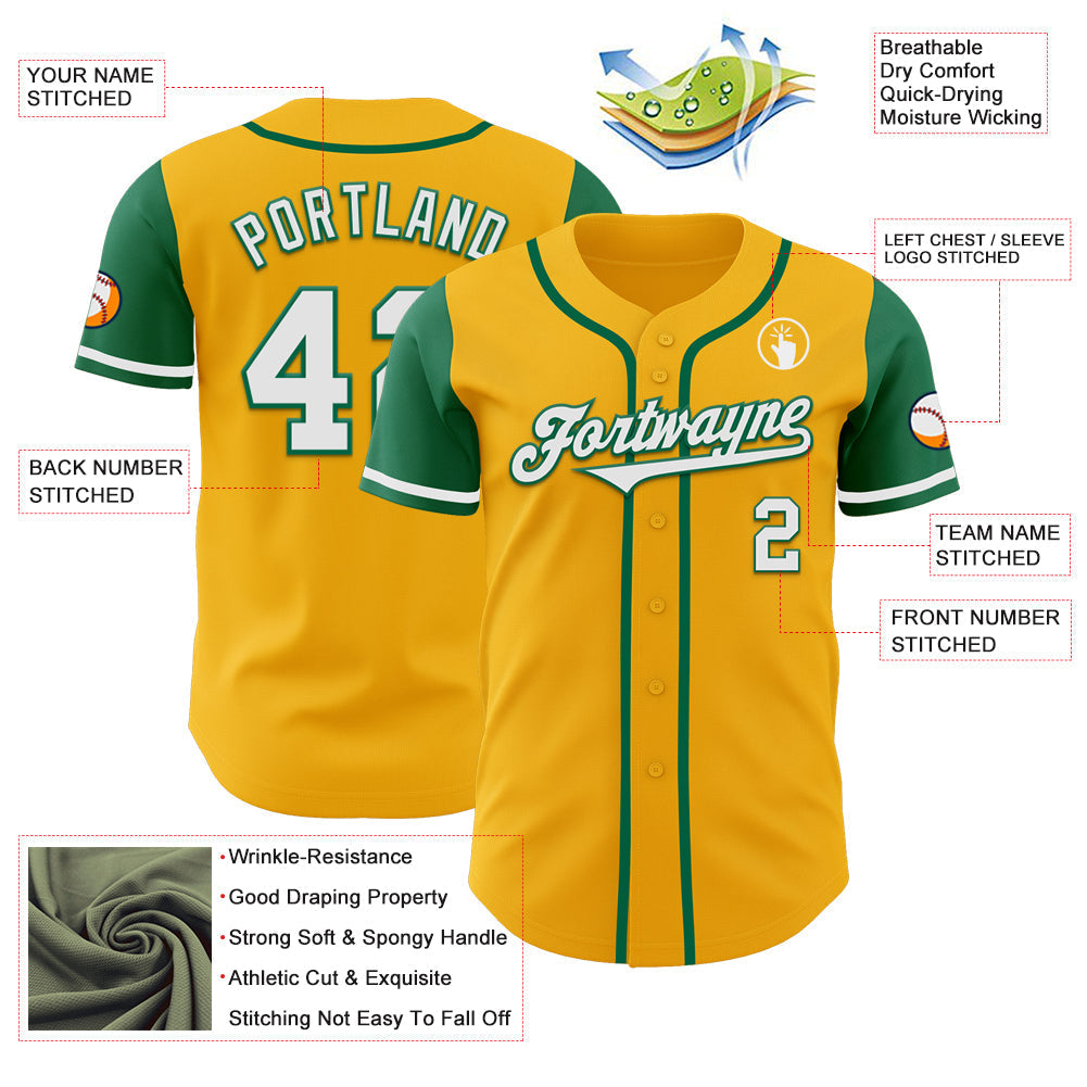 Custom Gold White-Kelly Green Authentic Two Tone Baseball Jersey baseball jersey product view 3