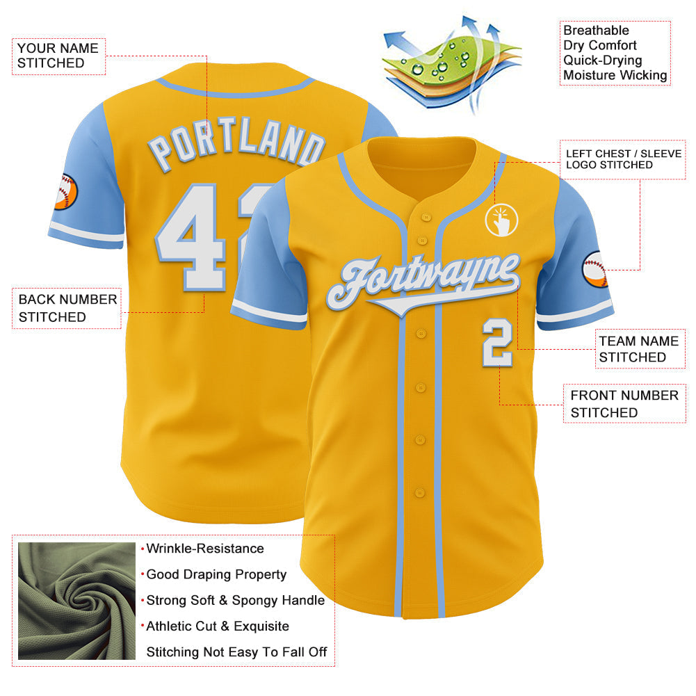 Custom Gold White-Light Blue Authentic Two Tone Baseball Jersey baseball jersey product view 3