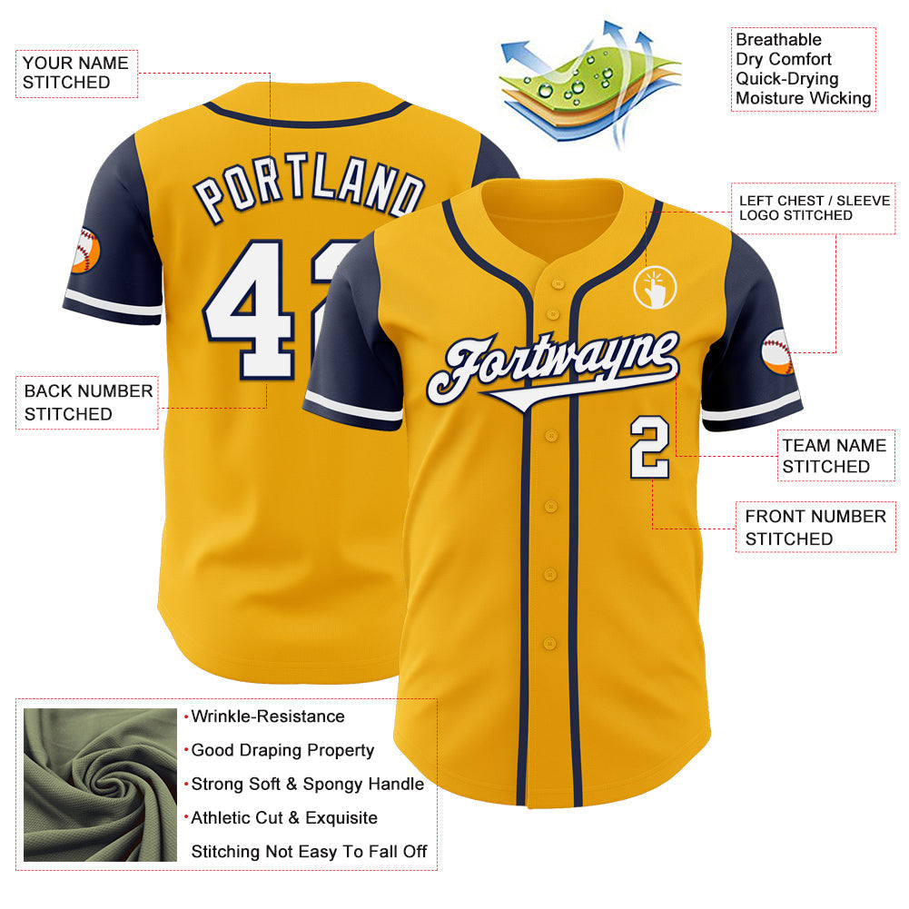 Custom Gold White-Navy Authentic Two Tone Baseball Jersey baseball jersey product view 3