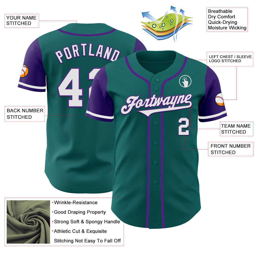 Custom Teal White-Purple Authentic Two Tone Baseball Jersey baseball jersey product view 3